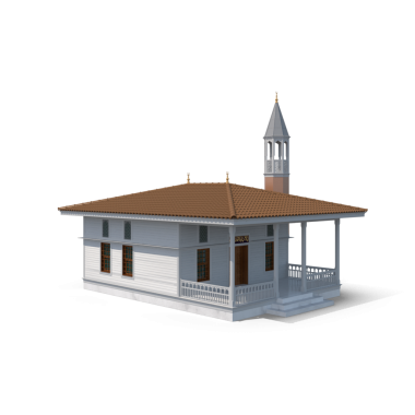 Üç boyutlu markasız Müslüman camii beyaz arka planda izole edilmiş.