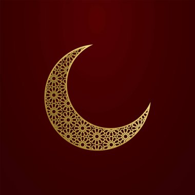 Dekoratif altın hilal Ramazan Kareem, Ramazan Ul Fitr ve Bayram Ul Adha Müslüman festivallerini izole etti. Yıldız vektör çizimi ile Altın Yarım Ay deseni