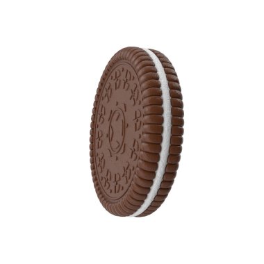 Üç boyutlu, çikolatalı sandviç kurabiyeli bisküvi ve krema dolu, beyaz bir arka planda izole edilmiş, karmaşık desenler.