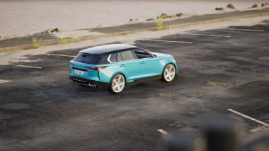 Şaşılacak derecede açık mavi bir SUV gün ışığında bir yola park edilmiştir. Teal SUV Sunset 'te sahil yolunda, Blue Electric SUV Desert Landscape' te, Sunset on the Beach 'te, SUV' un sahil yolunda.