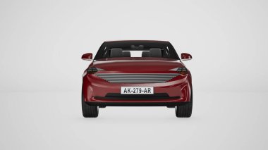 Aile arabası, güzel şirket arabası. Stüdyoda üretilen 3 boyutlu kırmızı SUV, Kırmızı kestane rengi elektrikli araba ön görünümü, Beyaz arka planda yapılan parlak kırmızı SUV.