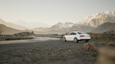 3D gerçekçi petrol dizel elektrikli aile resmi lüks beyaz araba mezarlık ortamı üzerinde bir yolda, Sedan manzaralı bir dağ yolunda sisli bir yolda sürüyor.