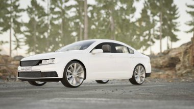 3D gerçekçi petrol dizel elektrikli aile resmi lüks beyaz araba mezarlık ortamı üzerinde bir yolda, Sedan manzaralı bir dağ yolunda sisli bir yolda sürüyor.