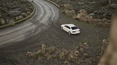 3D gerçekçi petrol dizel elektrikli aile resmi lüks beyaz araba mezarlık ortamı üzerinde bir yolda, Sedan manzaralı bir dağ yolunda sisli bir yolda sürüyor.