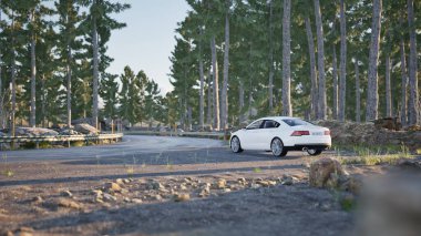 3D gerçekçi petrol dizel elektrikli aile resmi lüks beyaz araba mezarlık ortamı üzerinde bir yolda, Sedan manzaralı bir dağ yolunda sisli bir yolda sürüyor.