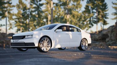 3D gerçekçi petrol dizel elektrikli aile resmi lüks beyaz araba mezarlık ortamı üzerinde bir yolda, Sedan manzaralı bir dağ yolunda sisli bir yolda sürüyor.