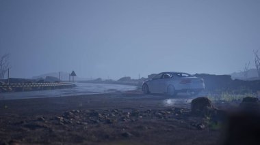 3D gerçekçi petrol dizel elektrikli aile resmi lüks beyaz araba mezarlık ortamı üzerinde bir yolda, Sedan manzaralı bir dağ yolunda sisli bir yolda sürüyor.