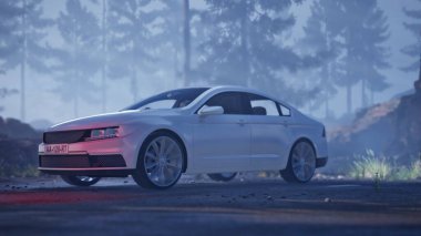 3D gerçekçi petrol dizel elektrikli aile resmi lüks beyaz araba mezarlık ortamı üzerinde bir yolda, Sedan manzaralı bir dağ yolunda sisli bir yolda sürüyor.