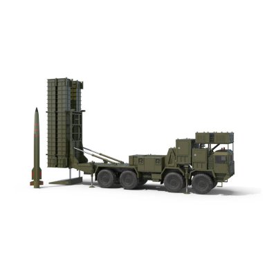 Mobil Hava Savunma Sistemi G03 ve Füze Yüzeyden Havaya Roket Fırlatma Aracı ile G04 beyaz arka planda, 3D Render 'da izole edilmiş. Uçaksavar askeri araç
