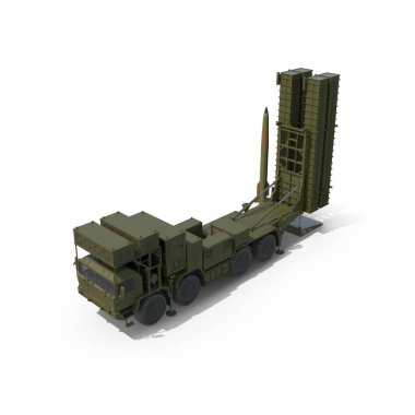 Mobil Hava Savunma Sistemi G03 ve Füze Yüzeyden Havaya Roket Fırlatma Aracı ile G04 beyaz arka planda, 3D Render 'da izole edilmiş. Uçaksavar askeri araç