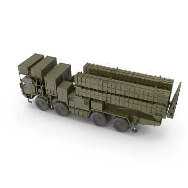 Mobil Hava Savunma Sistemi G03 ve Füze Yüzeyden Havaya Roket Fırlatma Aracı ile G04 beyaz arka planda, 3D Render 'da izole edilmiş. Uçaksavar askeri araç