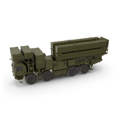 Mobil Hava Savunma Sistemi G03 ve Füze Yüzeyden Havaya Roket Fırlatma Aracı ile G04 beyaz arka planda, 3D Render 'da izole edilmiş. Uçaksavar askeri araç
