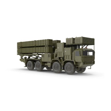 Mobil Hava Savunma Sistemi G03 ve Füze Yüzeyden Havaya Roket Fırlatma Aracı ile G04 beyaz arka planda, 3D Render 'da izole edilmiş. Uçaksavar askeri araç