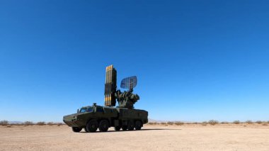 Hava Savunma Sistemi Aracı, beyaz arka plan 33D görüntüleme sisteminde izole edildi. Hava savunması olan mobil bir kamyon. Füze savunma sistemi