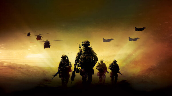 Интенсивная сцена сражения со взрывами, танками и военными самолетами, Солдаты, марширующие через разрушенное штормом поле боя, Военное развертывание на закате, Война Фронт армии, 3D рендеринг
