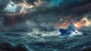 Massive Battleship Braving Rough Seas: Dramatik bir fotoğraf, açık denizde donanma savaş gemileri ve uçakları, fırtınalı bir okyanusta yelken açan Amiral gemisi, 3 boyutlu sinematik arka plan posteri, deniz yabancı savaş konsepti 