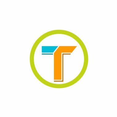 'T' harfinin vektör logosu dairesel motifte mavi ve turuncu bir kombinasyon kullanır.