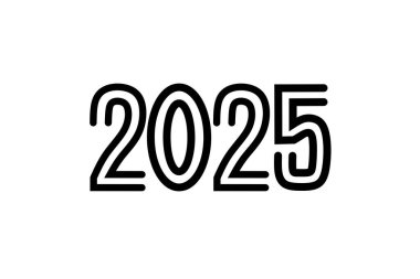 2025 'in vektör illüstrasyonu. Temiz beyaz arka planda kalın siyah çizgiler. Gelecek planlama temaları, yeni başlangıçlar ve yıllık kutlamalar için ideal.