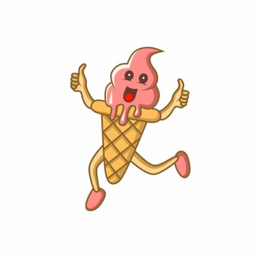 Kolları, bacakları ve iki başparmağı ile zıplayarak ve tezahürat yaparak mutluluk ve enerjiyi ifade eden neşeli bir dondurma karakterinin vektör çizimi.