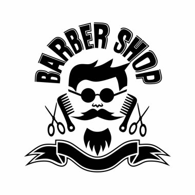 Kuaför, tarak, makas, sakallı ve güneş gözlüklü kuaför tasarımı çizimleri. Berber hizmetleriyle ilgili markalaşma ve promosyon tasarımları için ideal.