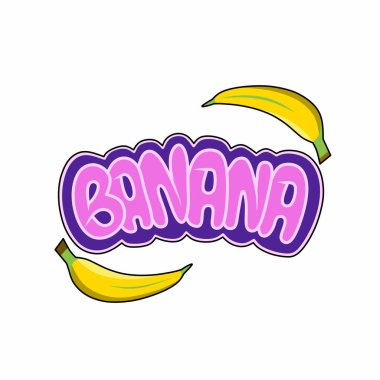 BANANA harf ve çizim tasarım vektörü karikatür tipografi metin tarzıyla. Çıkartma yapımında, ekran yazdırma tişörtleri vs. için kullanılabilir