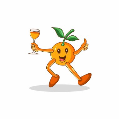Neşeli, portakallı meyve animasyonu karakteri bardakta içki tutarken gösteren grafik çizim. Turuncu içeceklerin tazeliği ve sağlıklı bir yaşam tarzı üzerine kurulmuş tasarımlar için mükemmel..