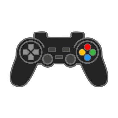 Beyaz arka planda renkli düğmeleri olan, modern oyun ve eğlence teknolojisini temsil eden siyah bir video oyunu denetleyicisinin vektör grafik çizimi.