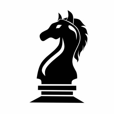 Beyaz arka planda siyah siluet kullanarak satranç şövalyesi ikonu grafik çizimi, strateji, zeka ve klasik satranç oyununu temsil eder.