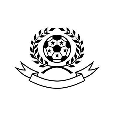 İçinde defne çelengi, yıldızlar ve kurdeleler bulunan bir futbol amblemi logosunun vektör çizimi. Zaferi, başarıyı ve sportmenliği simgeliyor..