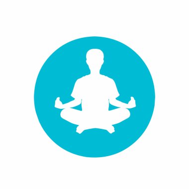 Yoga ya da meditasyon yapan insanların logosu mavi arka planda rahatlamak için zihni sakinleştiriyor.