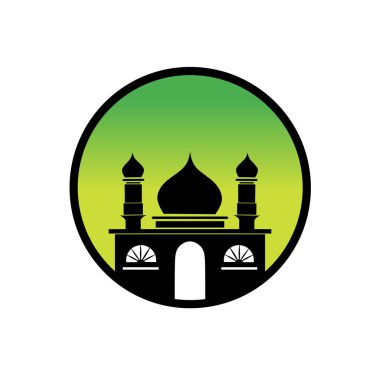 Caminin sembol logosu vektör tasarımı, gradyan yeşil arkaplan üzerine minare, dairesel tasarımda İslam kültürü ve maneviyatını sembolize ediyor..