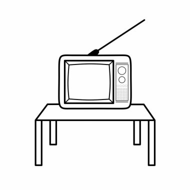 Vector tasarımı ana hatları ya da çizgiler klasik televizyonun ve ahşap masanın üzerine yerleştirilmesinin çizimi