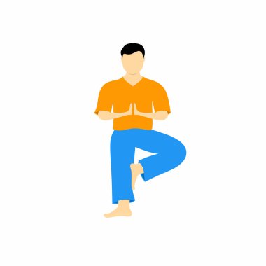 Yoga ağacı pozu veren bir adamın vektör tasarımı dengeyi, odaklanmayı ve meditasyonu simgeliyor. Yoga, farkındalık ve sağlık temalı projeler için ideal.