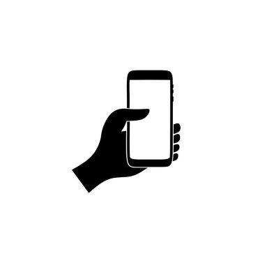 Akıllı telefonu tutan bir elin minimalist silüet vektörü. Teknolojiyi, iletişimi ve dijital etkileşimi temsil ediyor. Modern yaşam tarzı ve dijital bağlantıyı tasvir etmek için ideal.