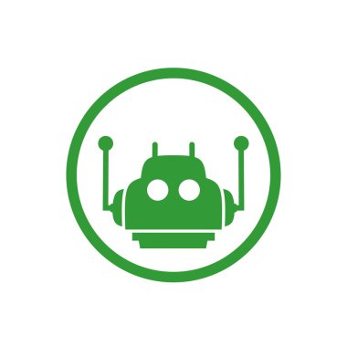 Yeşil robot kafa simgesinin dairesel bir temsili çizimi. Teknoloji, robotik ve otomasyon temalarını temsil ediyor. Teknoloji ve yenilikçi kavramlarla ilgili tasarımlar için uygundur.