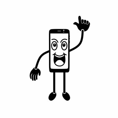 Neşeli bir akıllı telefon çizgi film karakterinin temsili çizimi neşeli bir ifadesi ve yükseltilmiş bir başparmağı var. Teknoloji, iletişim ve pozitiflikle ilgili kavramlar için mükemmel..