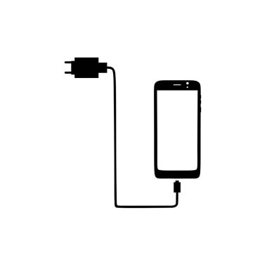 Akıllı telefon siluetinin vektör çizimi ve onu birleştiren şarj kablosu, teknoloji ve bağlantıyı simgeliyor. Enerji, mobil cihazlar ve elektronik iletişim tasarımları için ideal