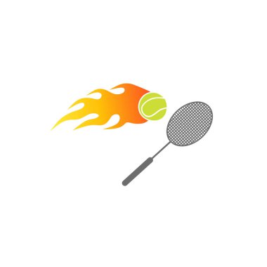 Tenis topu ve yanan bir ateşle eşleştirilmiş raketin vektör çizimi, sporun hız, enerji ve dinamiğini vurguluyor. Spor temaları, yarışmalar veya aktif yaşam tarzı kavramları için mükemmel.