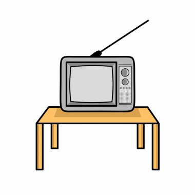 Minimalist ahşap bir masada antenli klasik bir retro televizyonun vektör çizimi nostalji ve klasik cazibeyi çağrıştırıyor, medya ve eğlence temaları için mükemmel..