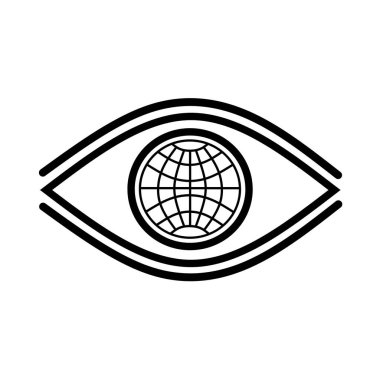 Göz sembolü simgesinin vektör grafik çizimi, beyaz bir arkaplanda küresel bir harita içeriyor. Küresel farkındalık, çevresel temalar veya gelecekçi kavramlar için mükemmel.