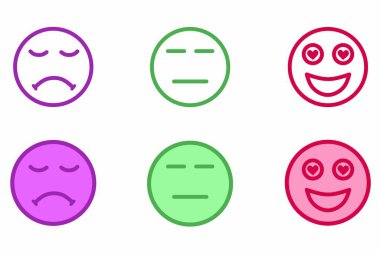 Üzüntü, tarafsızlık ve romantik aşk gibi duyguları gösteren renkli emoji yüz simgelerinin vektör grafik çizimi. Minimalist ve dışavurumcu tasarımda insan duygularının görsel temsili.