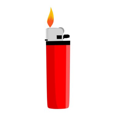 Çakmağın grafiksel çizimi, beyaz arka planda izole edilmiş alevli kırmızı bir gaz çakmağı. Enerji, yangın, araçlar ve günlük pratik nesneler gibi konular için mükemmel.