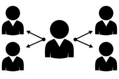 Bir ağ veya gruptaki bireyler arasındaki ilişki organizasyonunu ve bağlantıları temsil eden insanların vektör grafik çizimi, iletişimi ve kavramları vurguluyor.