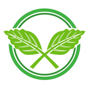Dairedeki simetrik yeşil yaprak logosunun vektör çizimi dengeyi, doğayı ve sürdürülebilirliği sembolize ediyor. Organik ürün markalaşması, çevre dostu şirket logoları, bitkisel ambalajlar için uygun..