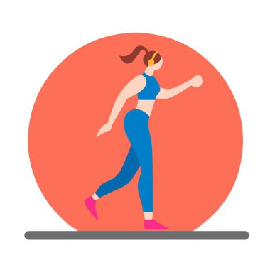 Mavi elbiseler ve pembe ayakkabılarla egzersiz yapan bir kadının grafiksel vektör çizimi. Minimalist ve modern düz tasarım tarzı. Fitness içeriği, sağlıklı yaşam tarzı, sağlık uygulamaları, spor terfisi için mükemmel..