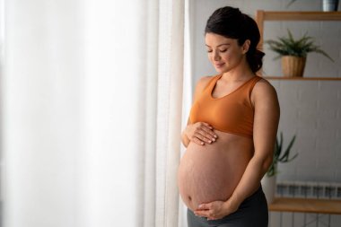 Hamile bir anne bebeğinin karnını okşuyor ve sabahının tadını çıkarıyor. Evinin penceresinin yanında duruyor, üzerinde rahat hamilelik kıyafetleri var..