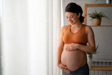 Bebek bekleyen gülümseyen genç bir kadın, büyüyen karnını okşarken gelecekteki çocuğunu hayal eden, gündüzleri pencerenin yanında duran..