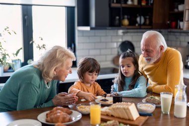 Neşeli destekleyici son sınıf öğrencileri iki sevimli anaokulu çocuğuyla kahvaltı yapıyorlar. Üst düzey kadın ve iki çocuklu son sınıf öğrencisi evdeki mutfakta yemek masasında..