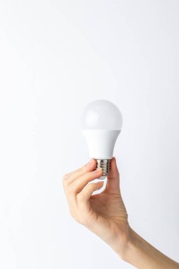 Yan taraftaki beyaz arka planda, bir kadının ince eli geniş tabanlı, ekonomik enerji tüketimi, nötr renk, aydınlatma elementi olan beyaz bir ampulü tutar.