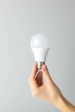 Yan taraftaki beyaz arka planda, bir kadının ince eli geniş tabanlı, ekonomik enerji tüketimi, nötr renk, aydınlatma elementi olan beyaz bir ampulü tutar.